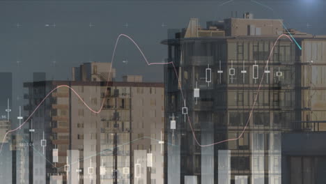 animation of statistical data processing against aerial view of tall buildings