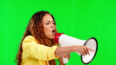 Megaphon,-Grüner-Bildschirm-Und-Frau-Im-Studio