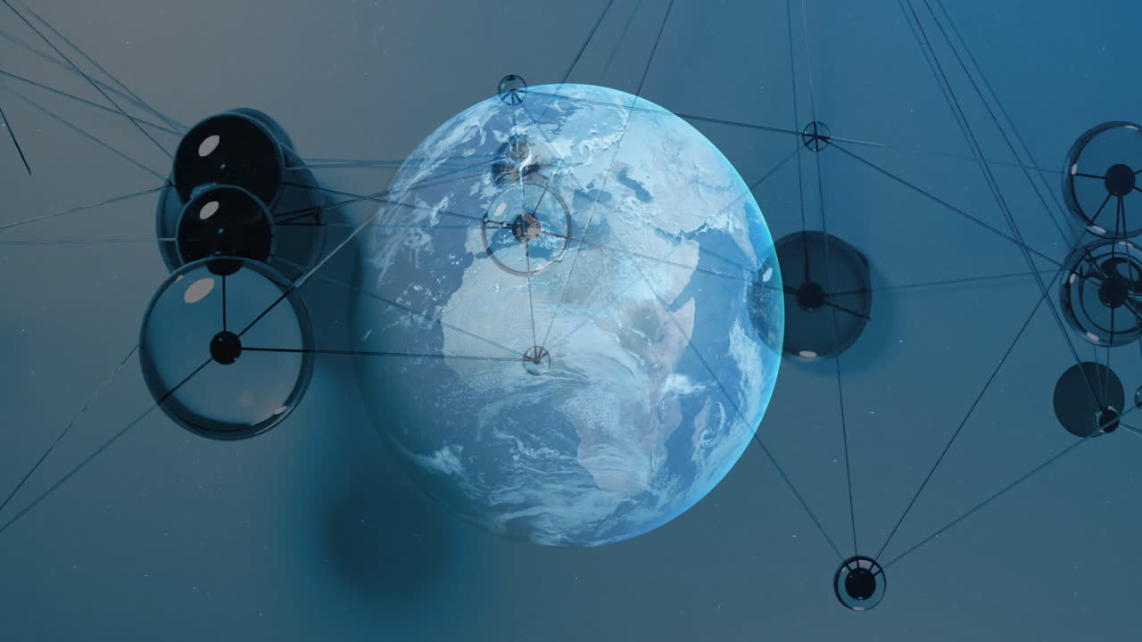 지구와 위성 및 네트워크 연결을 보여주는 글로벌 통신 애니메이션