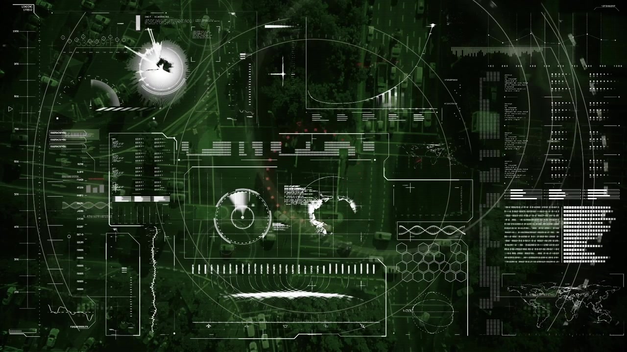 Animation of data processing and scope scanning over cityscape