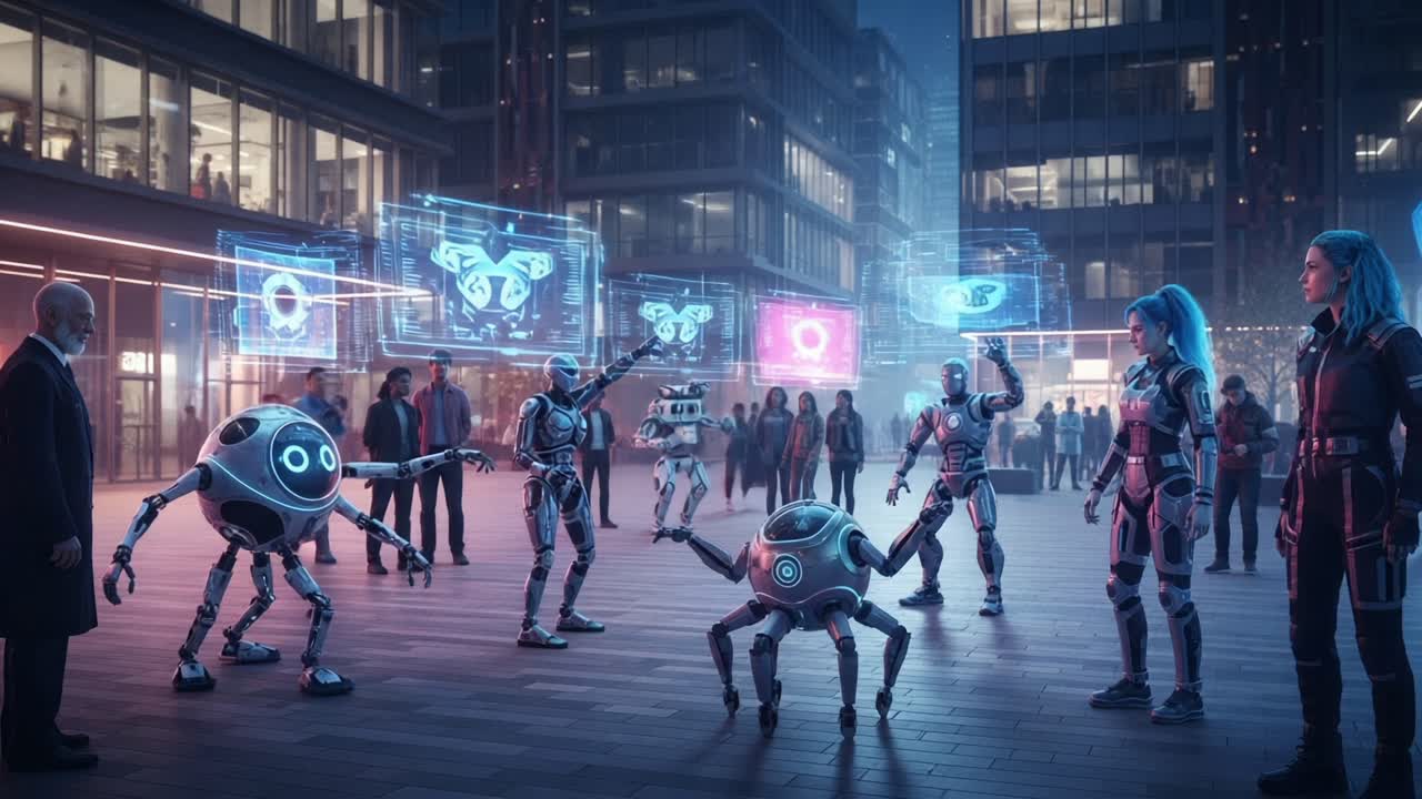 A Futuristic Urban Scene Showcasing Interactions Between Humans and Robots Amidst Neon Displays and High-Tech Surroundings, Emphasizing the Blend of the Digital and Physical Worlds