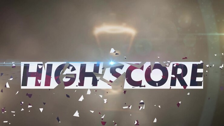 Animation of red text high score over explosion and data processing on and shapes