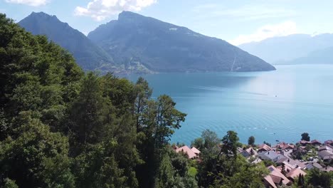 Arial-Shot-of-Spiez-in-Switzerland