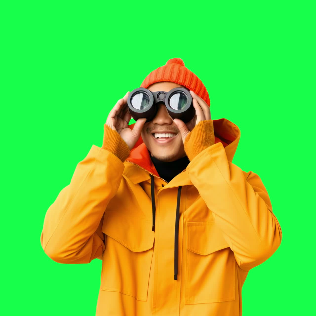 Animazione di esploratore entusiasta con binocoli, video 4K trasparente, green screen