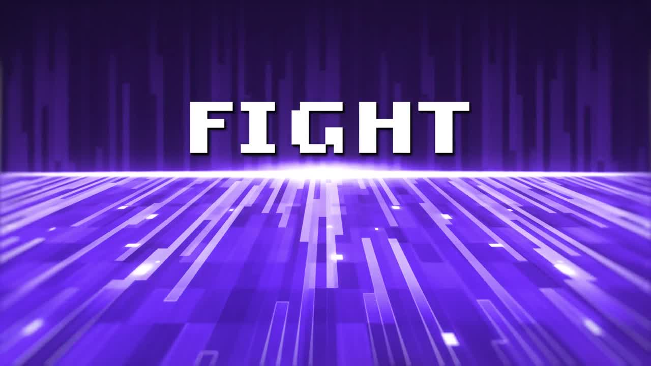 픽셀화 된 단어 싸움으로 작성 된 빈티지 비디오 게임 화면의 애니메이션