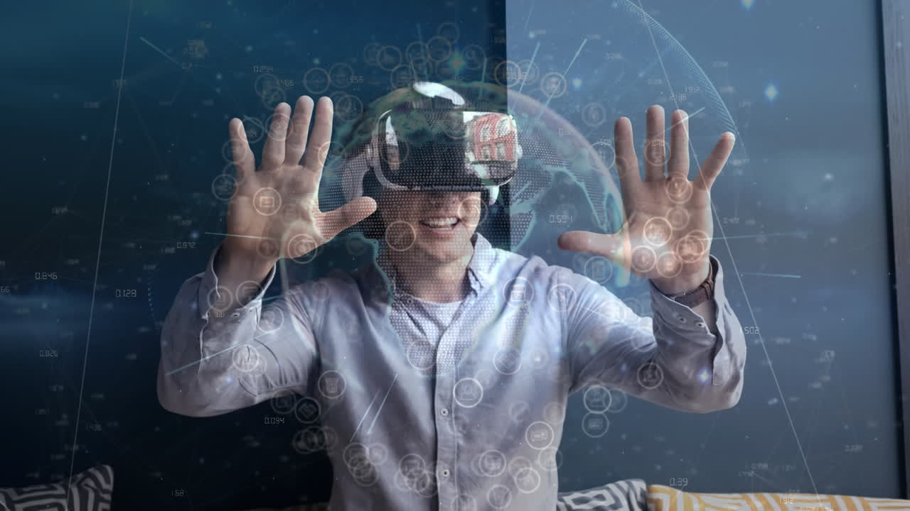 Using virtual reality headset, man interacting with digital interface over animation of globe