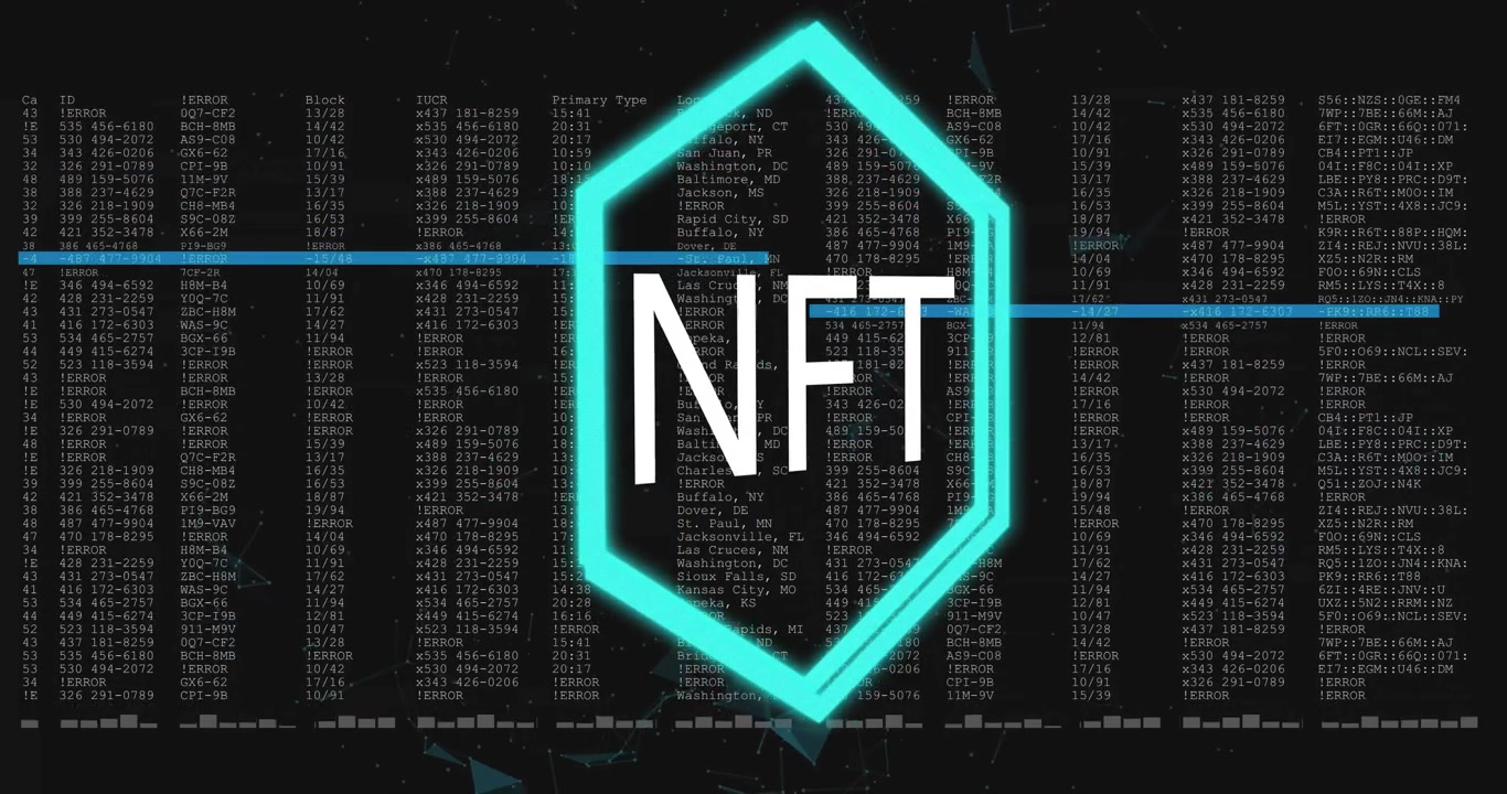 Animeret NFT-symbol med digital kode og databaggrund