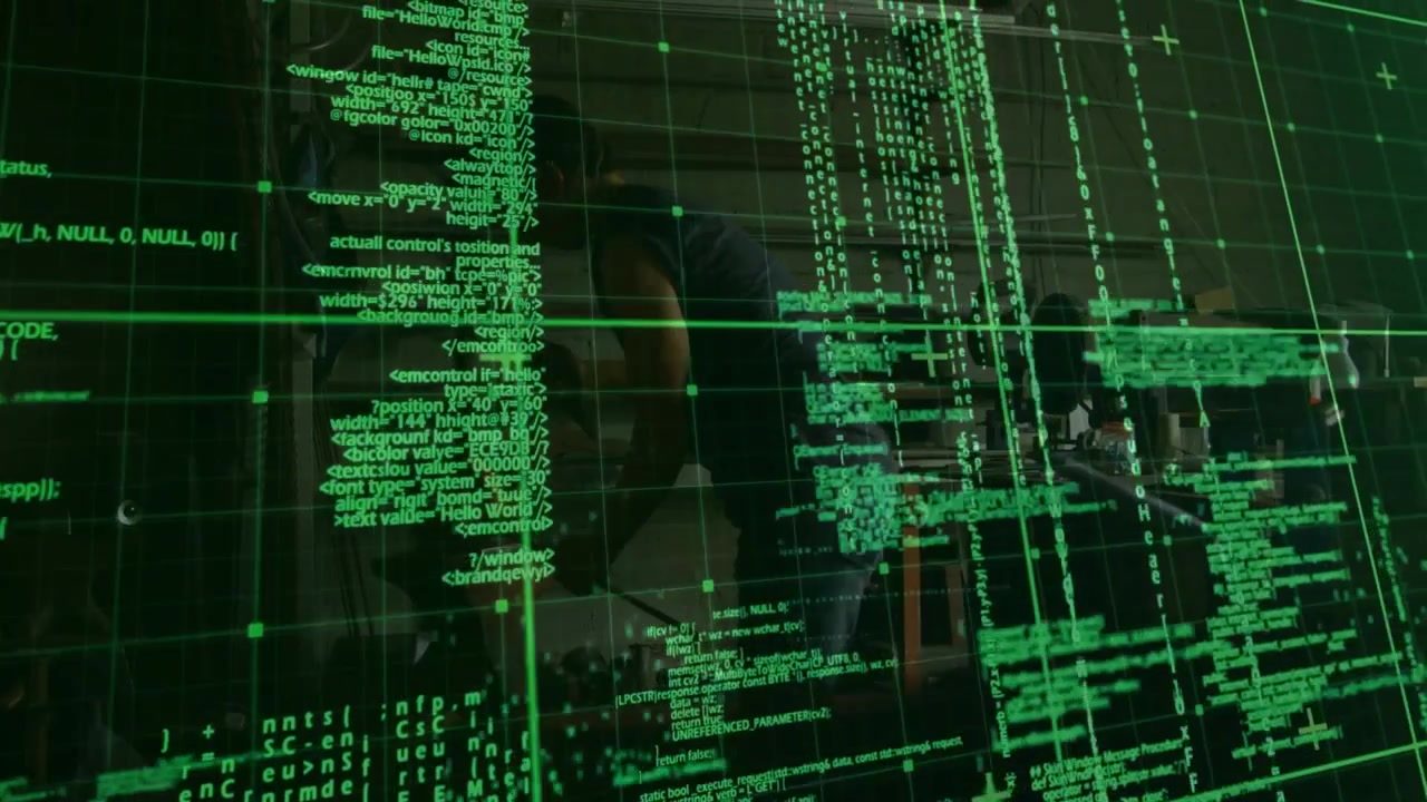 green grid and code overlay initiating coding session with software developer typing on keyboard