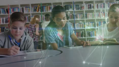 animación de la red de conexiones entre diversos escolares que leen y aprenden en la escuela