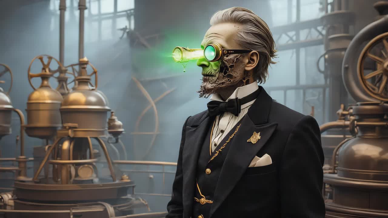 Steampunk Gentleman with Bionic Eye and Exposed Skull in a Factory