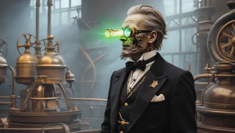 steampunk gentleman with bionic eye and exposed skull in a factory