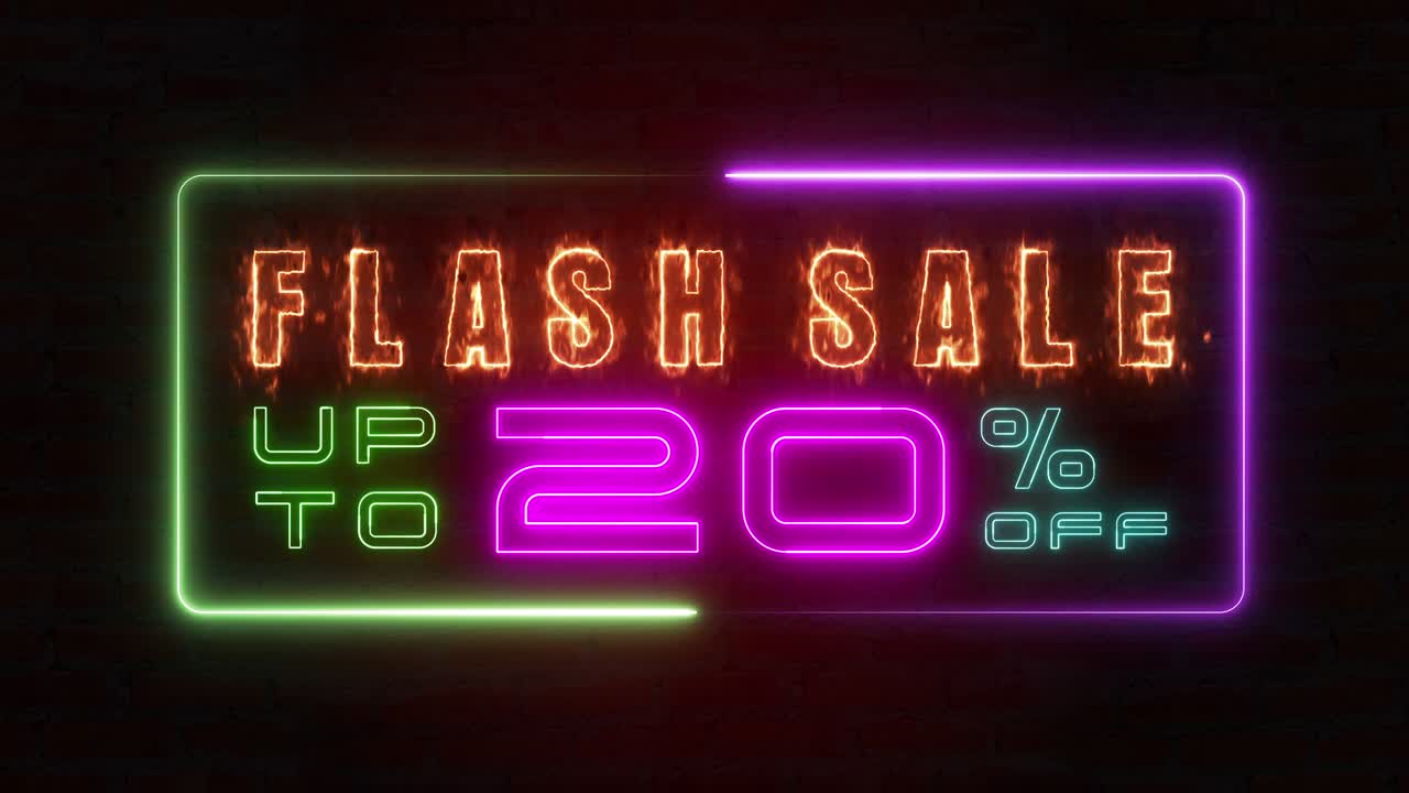 venta flash con trueno azul colorido de línea de neón blaze brillante parpadeante marco de bucle de animación al azar en un fondo negro.