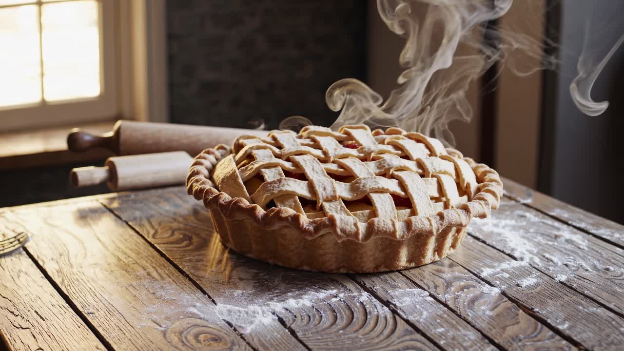 A rustic video scene of a steaming lattice pie on a wooden table. Shot from a low angle