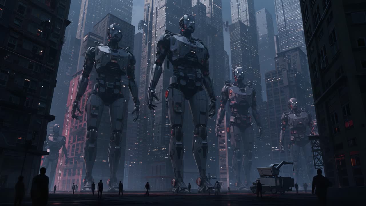 In a dystopian cityscape, giant robotic figures loom over the skyline, casting shadows as they stand among the towering buildings, reflecting a future dominated by technology