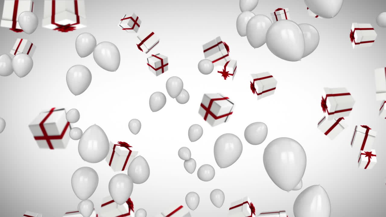 animación de globos blancos y regalos que caen sobre un fondo blanco