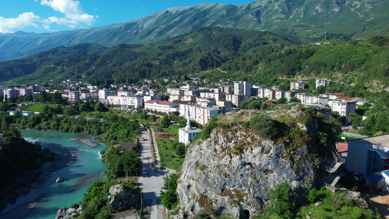 Peaceful Morning Sunlight Vjosa River Emerald Waters Reveal Welcoming Permet Town for Curious Travelers