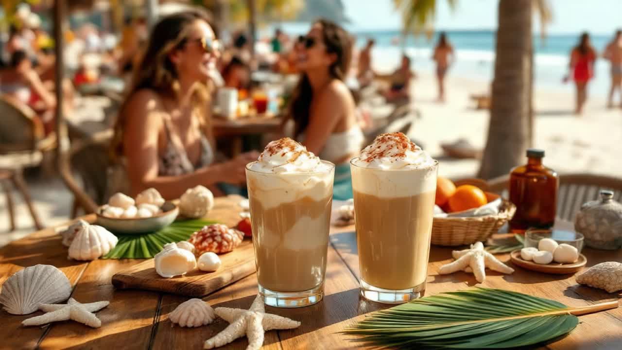 Two glasses of iced coffee resting on beach bar table with seashells and palm leaf, tourists enjoying summer vacation in background