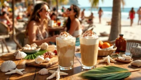 two glasses of iced coffee resting on beach bar table with seashells and palm leaf, tourists enjoying summer vacation in background