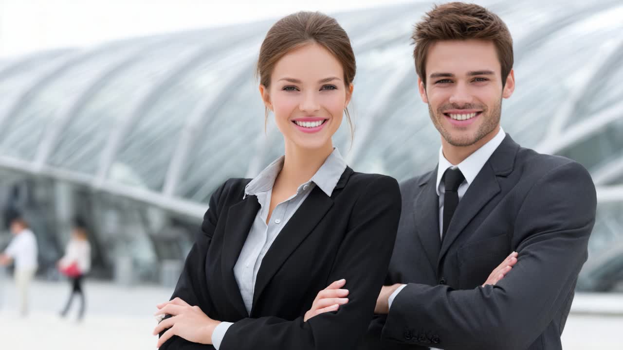 Confident Business Pair Smiling for Professional Portrait, Capturing a Moment of Success and Partnership in a Modern Architectural Setting