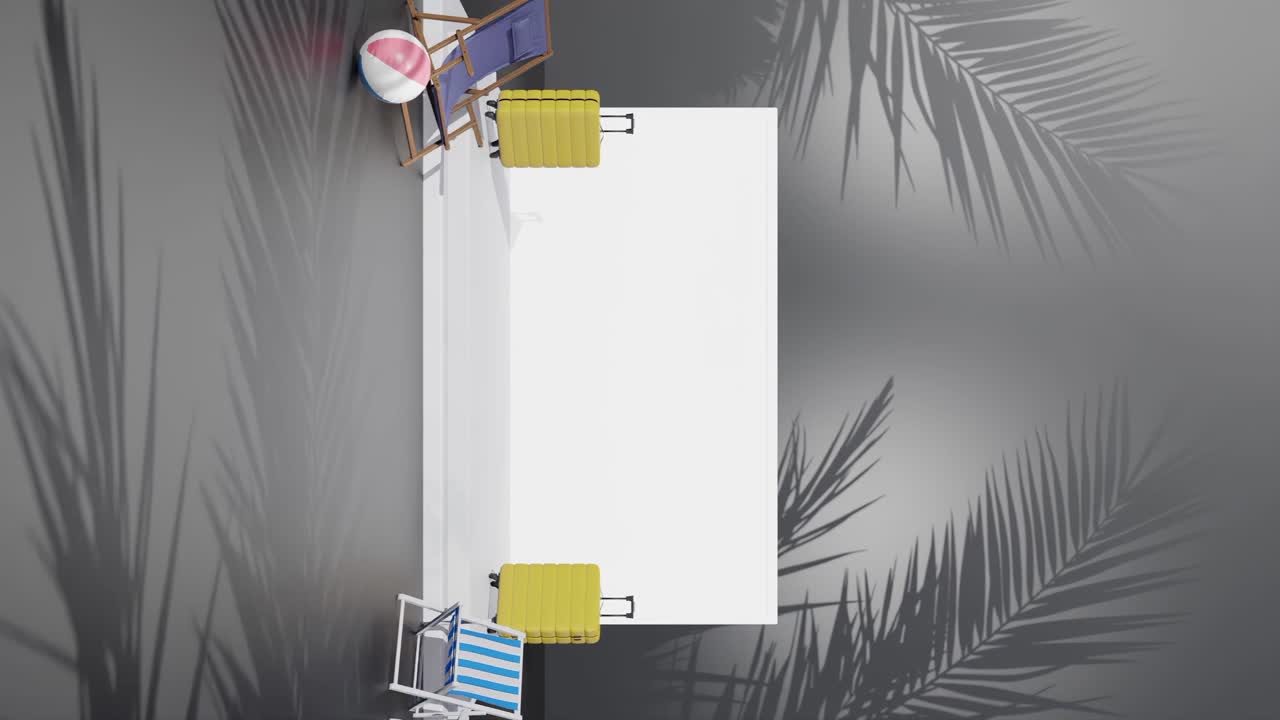 animación de renderización vertical 3d del producto espacio de copia vacío con configuración de luz y concepto de viaje con portátil y maleta en playa de palmeras tropicales fondo negro