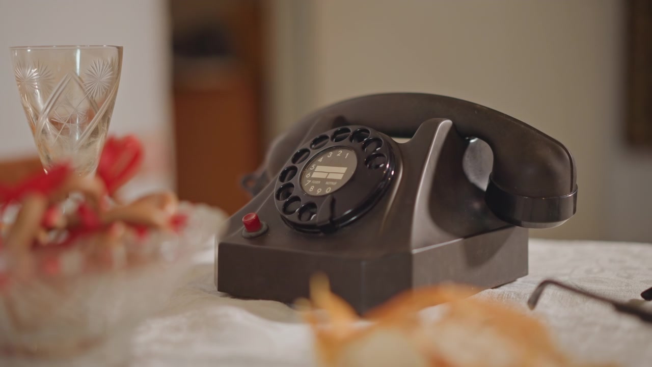 Telepon putar antik di atas meja dengan gelas kristal dan mangkuk permen, cahaya senja yang hangat, gagang telepon yang tidak digunakan tergeletak di samping taplak meja renda, sebuah still life domestik abadi yang membangkitkan kenangan dan penantian yang sunyi.