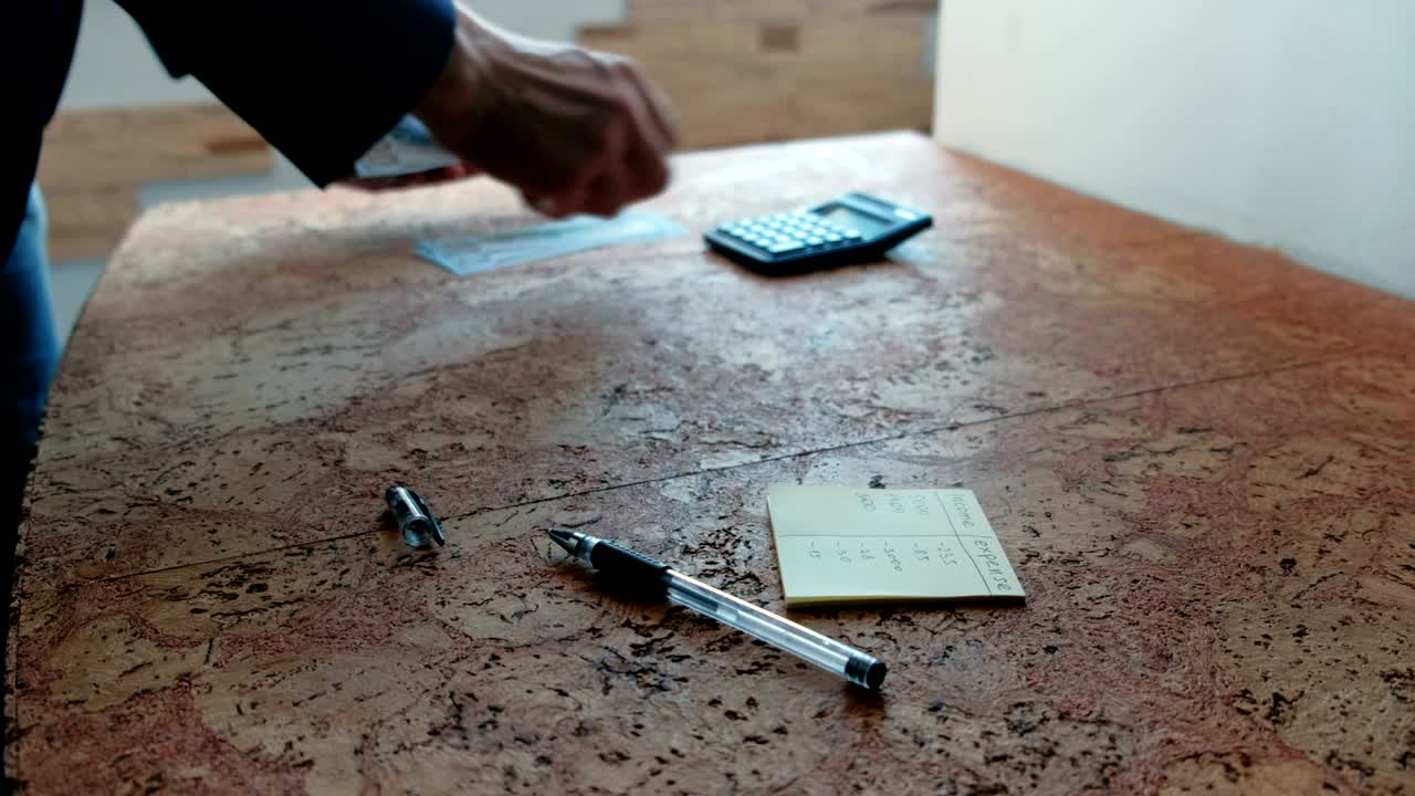 el hombre cuenta el dinero colocándolo en la mesa con una calculadora. manos de primer plano.