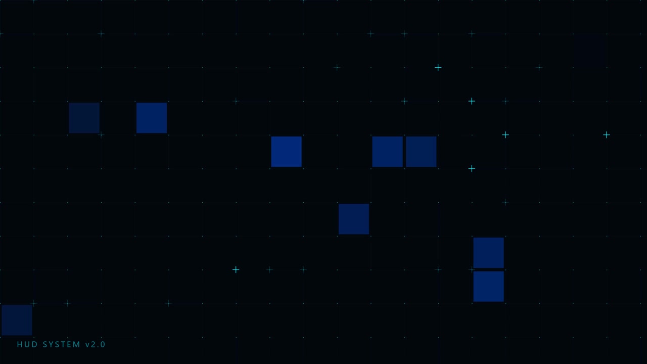 Digital HUD Interface with Moving Blue Squares and Grid