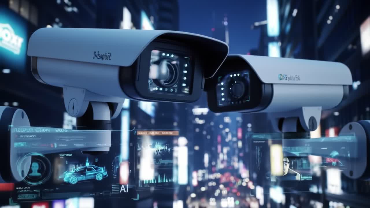 Advanced surveillance cameras capture vibrant city life through digital interfaces. Cutting-edge technology monitors activities, helping enhance security during nighttime.