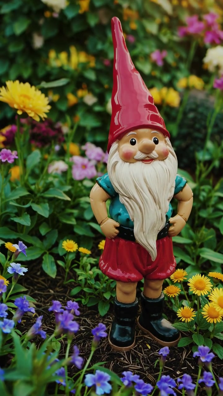 Gnomo da giardino in piedi in un'aiuola fiorita e colorata