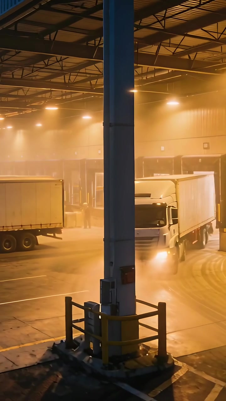 Vertical video: Arriving white semi moving dockside, workers in vests unloading cargo, copy space