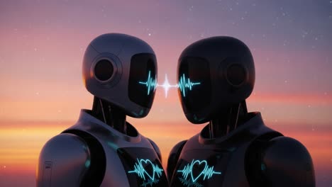 two futuristic robots sharing a heartbeat connection against a beautiful sunset, representing love and unity in technology