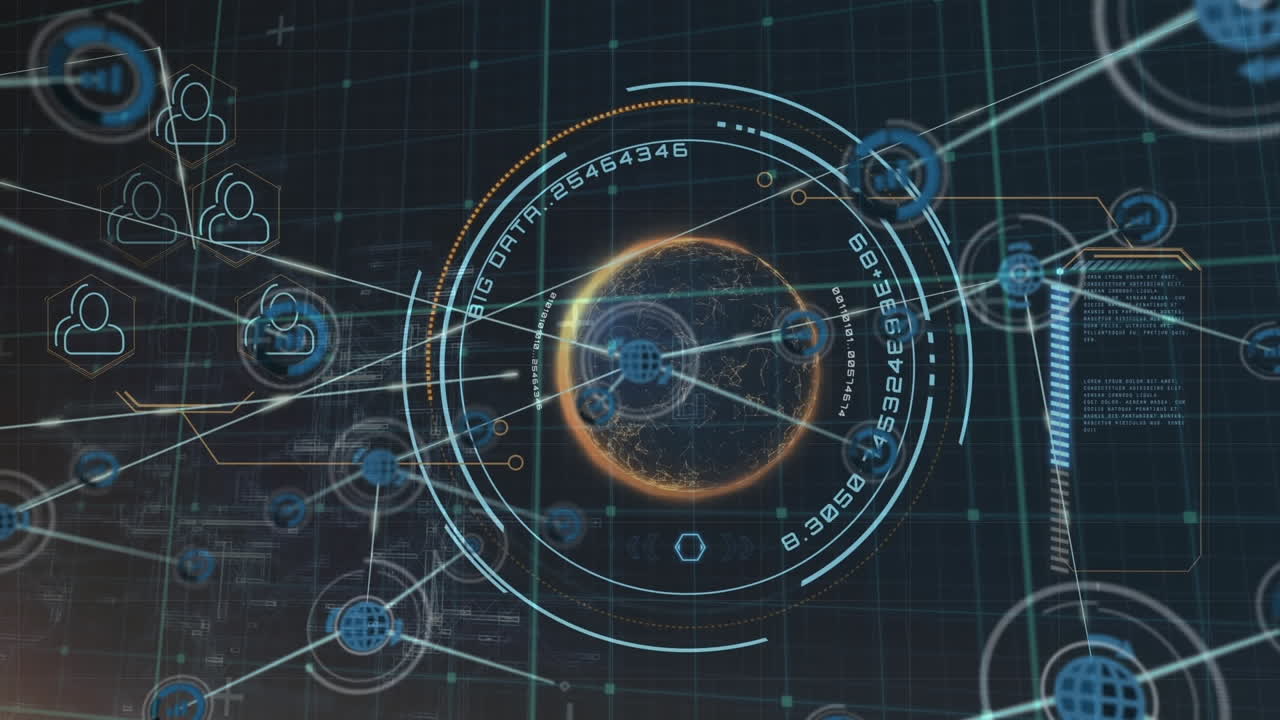 Animation of network of connections with icons over globe and data processing on black background