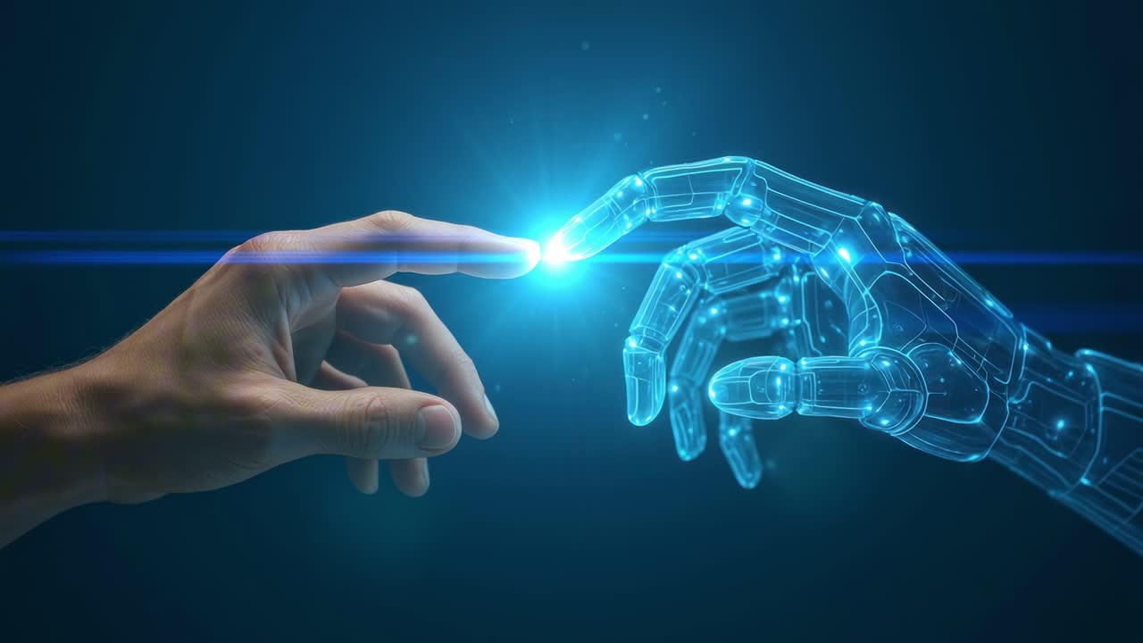 A futuristic concept showing a human hand and a robotic hand touching, captured from a side angle