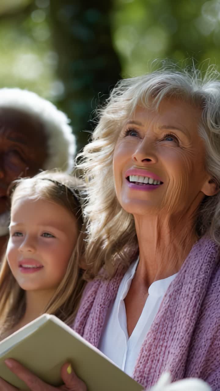 A Heartwarming Moment of Joy: A Smiling Older Woman Engages with a Young Girl While Enjoying a Book Together in a Bright, Natural Setting