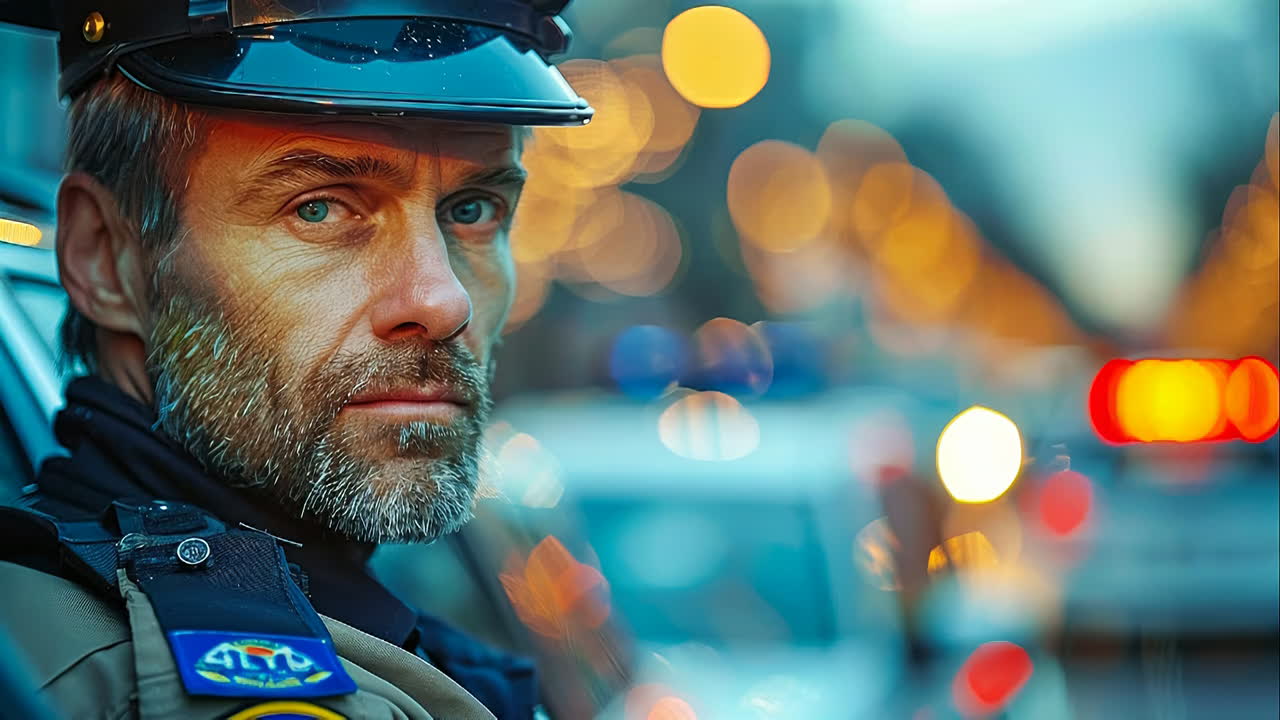 Un agente pattuglia le vie della città. Un agente di polizia si trova vicino all'auto di pattuglia e osserva la strada nelle ore serali in un ambiente urbano trafficato