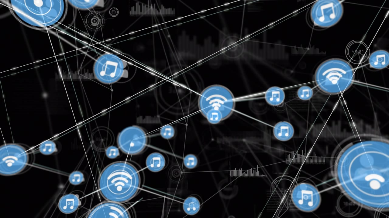 Animation af netværk af digitale ikoner og databehandling på blå baggrund