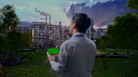 back view of an asian male professional worker standing in front of oil refinery, checking on smartphone with green screen and look at the factory once