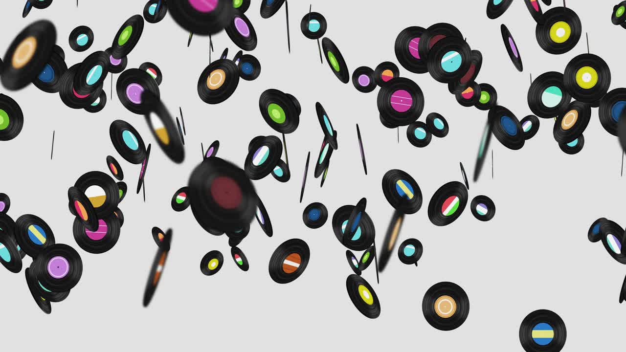 volando muchos discos de vinilo en fondo blanco. tecnología antigua. diseño retro. animación 3d de disco de música girando. animación de bucle.