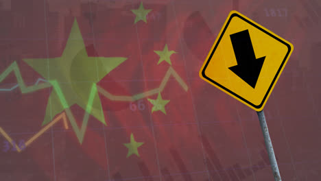 Animation-of-financial-data-processing-over-road-sign-and-flag-of-china