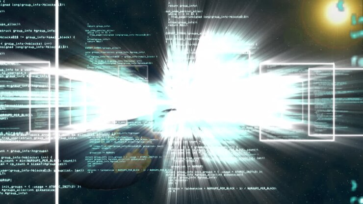 Animation of data processing, lights and globe in black space