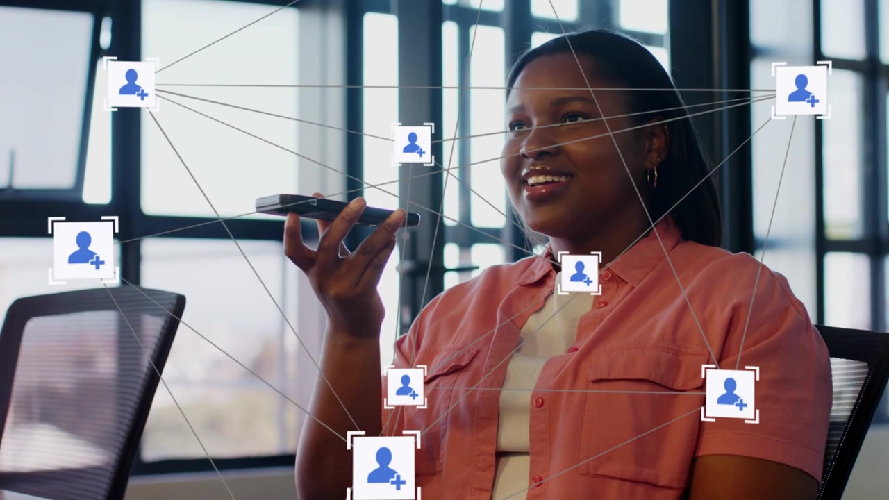 Woman speaking into phone in business, generating animated icons connecting contacts