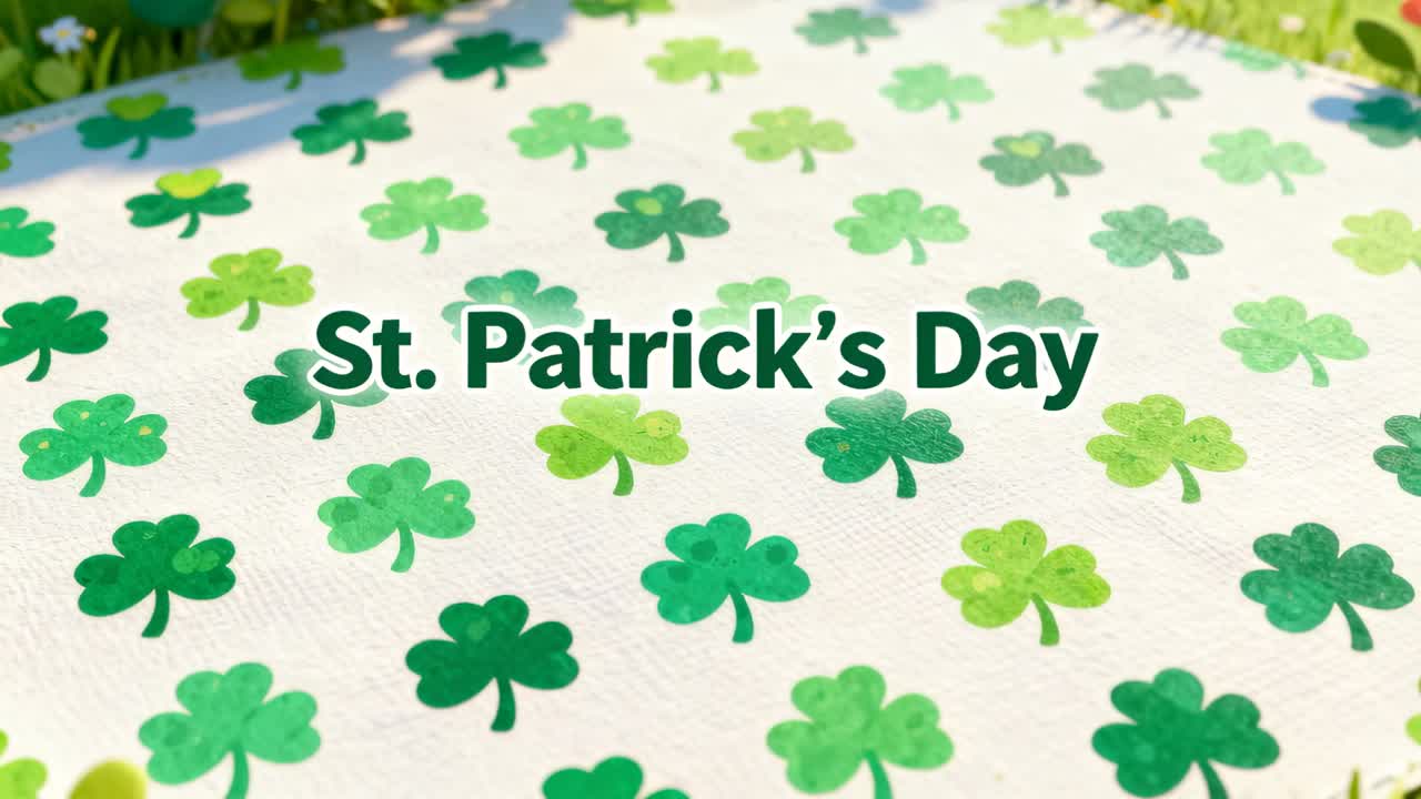 La telecamera si allontana rivelando un panno con trifogli al centro, posto sul bordo di un picnic, che mostra il titolo "St. Patrick's Day".