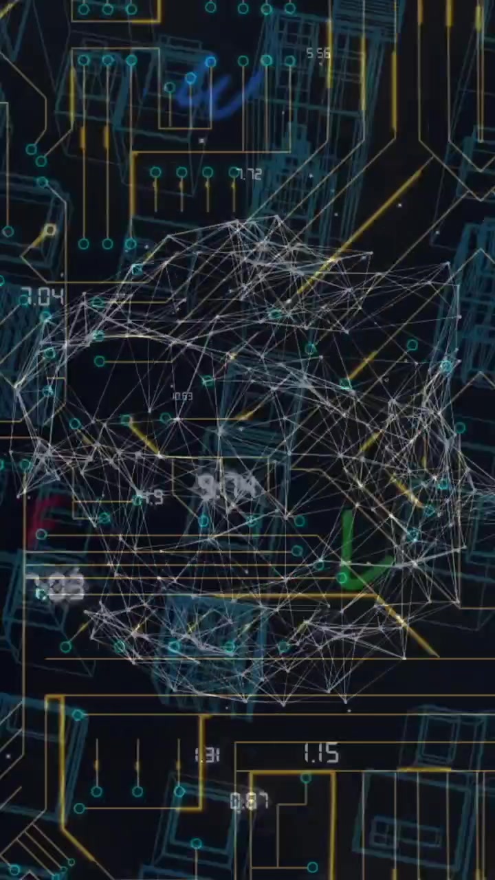 Animation of globe of network of connections and microprocessor connections against black background