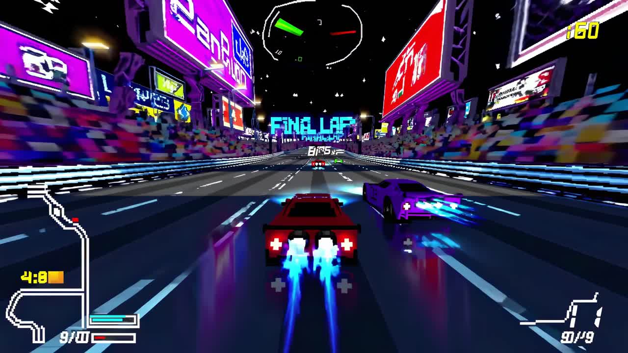 빨간색과 보라색으로 픽셀화된 스포츠카는 미래의 경주 마지막 라프에서 네온 조명 트랙을 따라 속도를 내며, 역동적인 카메라 각도로 강도를 포착합니다.