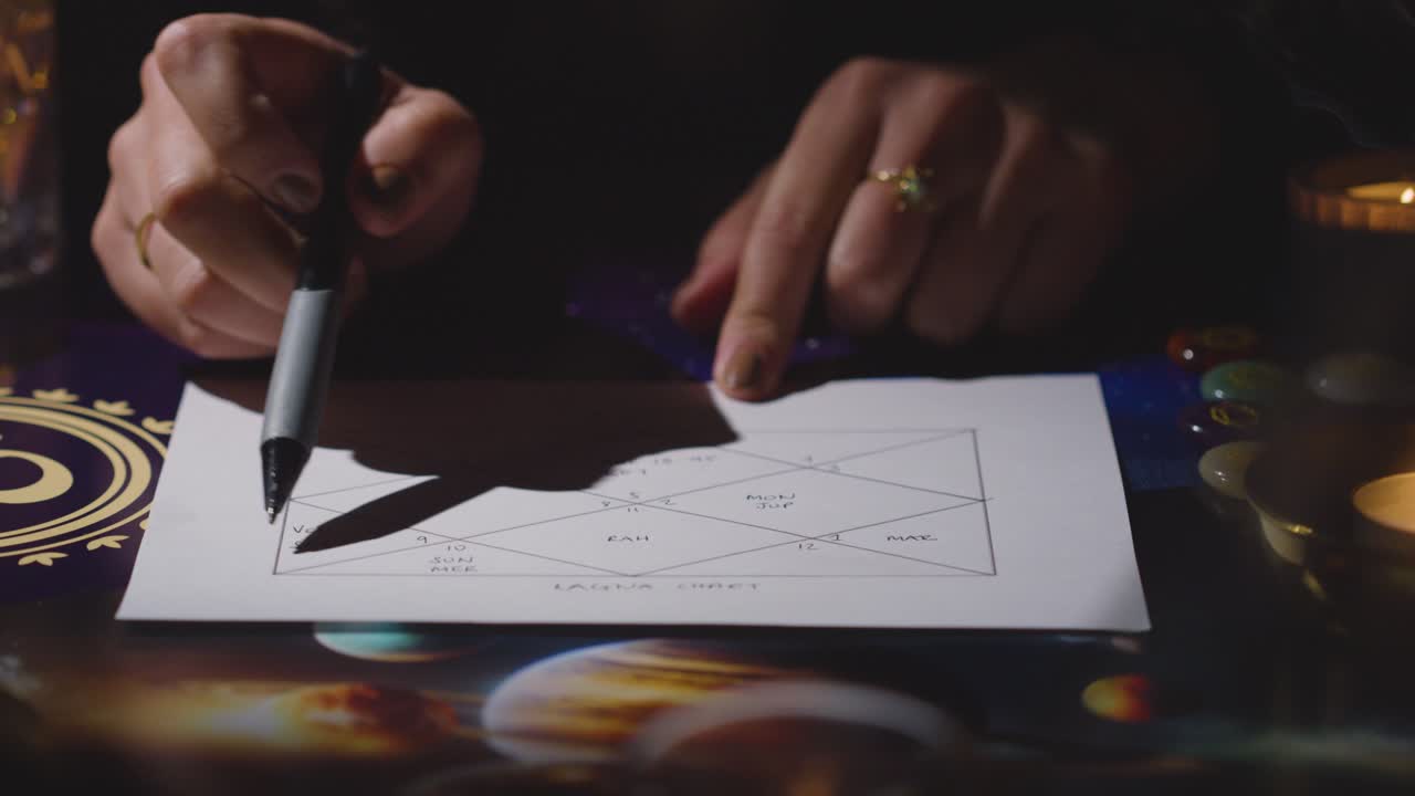 близкий взгляд на женщину, читающую астрологическую лагну или карту рождения на столе при свече 3