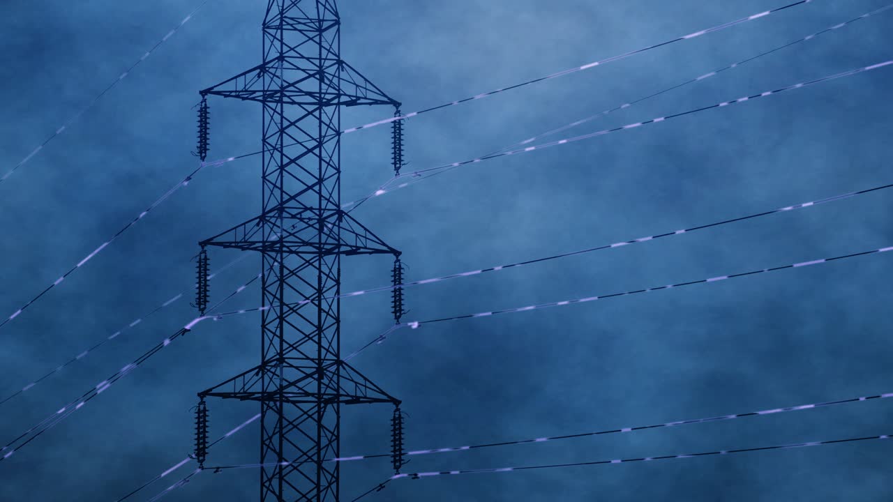High voltage transmission tower with visible energy pulsing against stormy sky, electricity pylon in power grid backbone, flowing energy distribution