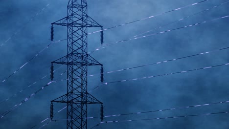 high voltage transmission tower with visible energy pulsing against stormy sky, electricity pylon in power grid backbone, flowing energy distribution