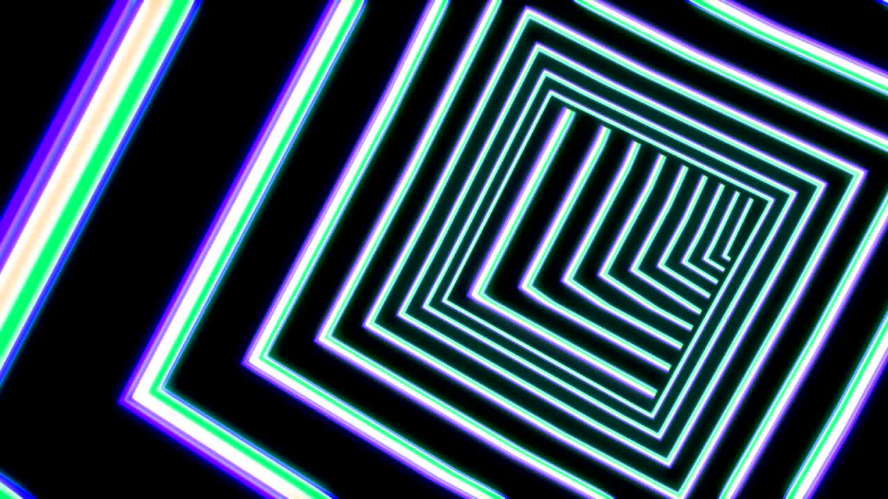 Abstract square tunnel with neon light lines looped animation. Hypnotic flight in virtual swirl with fluorescent beaming. Futuristic cyberspace pathway with zoom in green and violet square borders