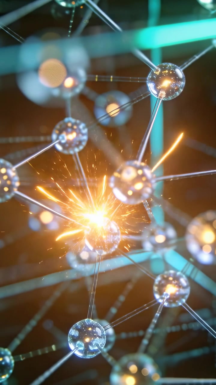 Vertical video: Drifting camera via glass-node lattice in dark-space, node sparking lighting rods