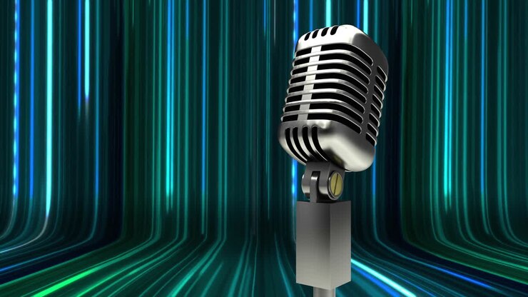 Microfono retrò con animazione di linee digitali blu e verdi sullo sfondo